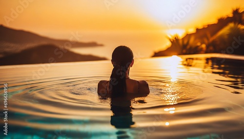 Luxury swimming pool spa resort travel honeymoon destination woman relaxing in infinity pool at hotel nature background summer holiday. 