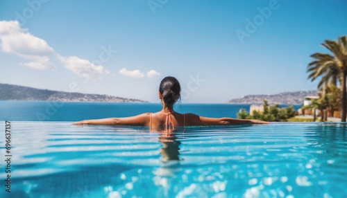 Luxury swimming pool spa resort travel honeymoon destination woman relaxing in infinity pool at hotel nature background summer holiday.  