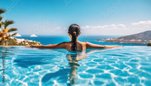 Luxury swimming pool spa resort travel honeymoon destination woman relaxing in infinity pool at hotel nature background summer holiday.   © adobedesigner