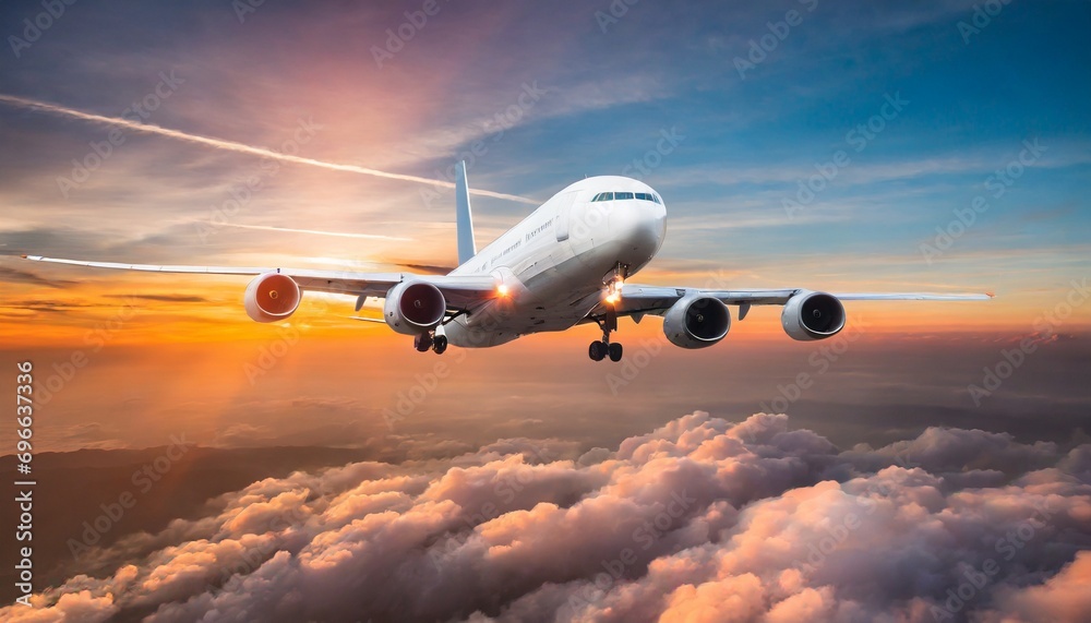 Commercial airplane flying above dramatic clouds during sunset. Commercial airplane flying above dramatic clouds during sunset.