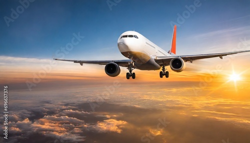 Commercial airplane flying above dramatic clouds during sunset. 