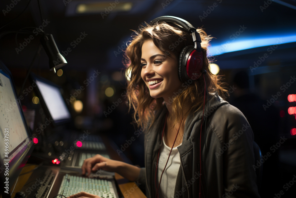 young radio deejay smiling and happy with their job young radio deejay smiling and happy with their job