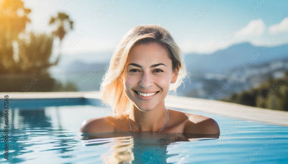 Luxury swimming pool spa resort travel honeymoon destination woman relaxing in infinity pool at hotel nature background summer holiday.