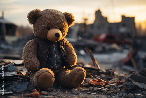 Brown Teddy Bear placed in front of a ruined houses due to war