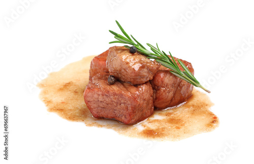 Pieces of delicious cooked beef, rosemary and peppercorns isolated on white. Tasty goulash