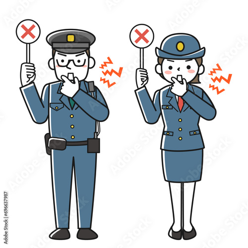 警笛を鳴らして注意喚起する男性警察官と女性警察官