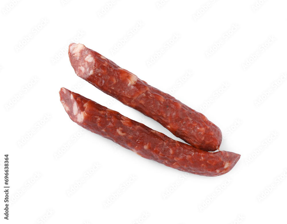 Thin dry smoked sausages isolated on white, top view Thin dry smoked sausages isolated on white, top view