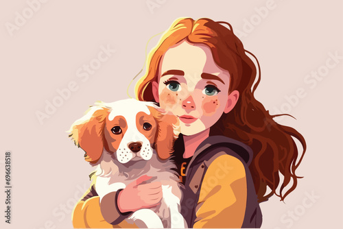 Beautiful young girl with a cute puppy, vector illustration generated by AI