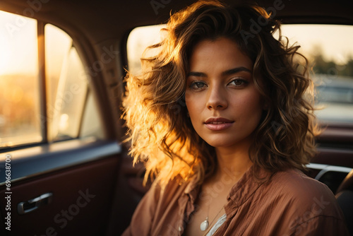 A beautiful woman is sitting in a car bathed in sunset light © Владлена Демидова