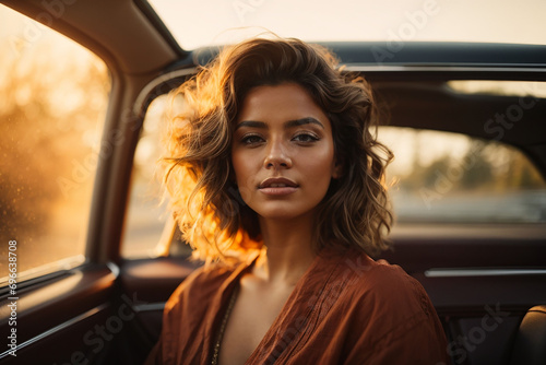 A beautiful woman is sitting in a car bathed in sunset light © Владлена Демидова