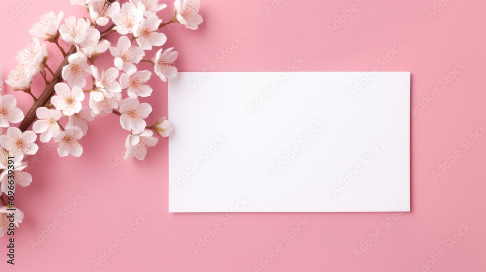 Blank invitation card with cherry blossoms on pink background. Springtime celebration.