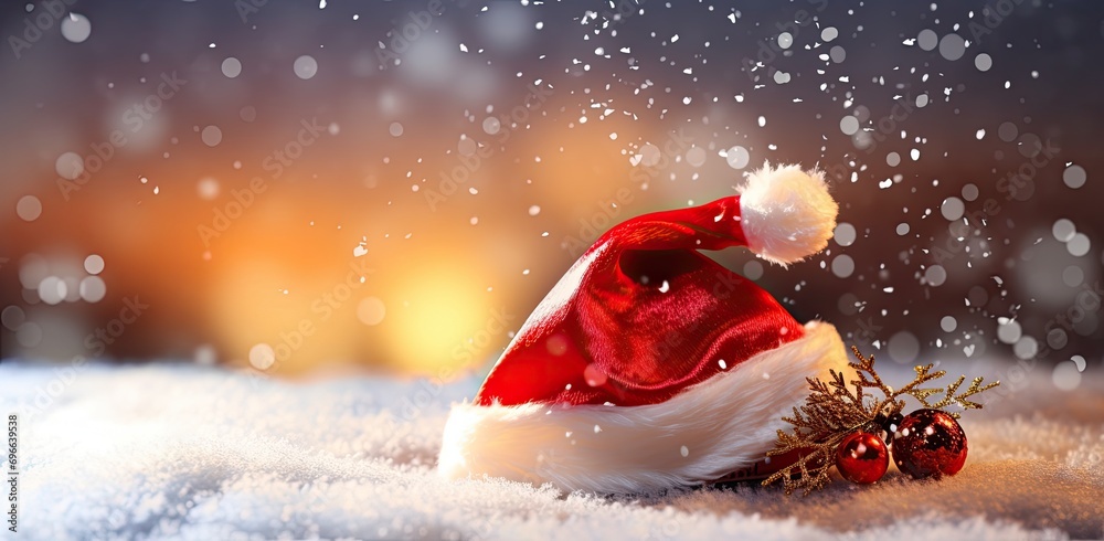 a Santa hat is laying on snow, 