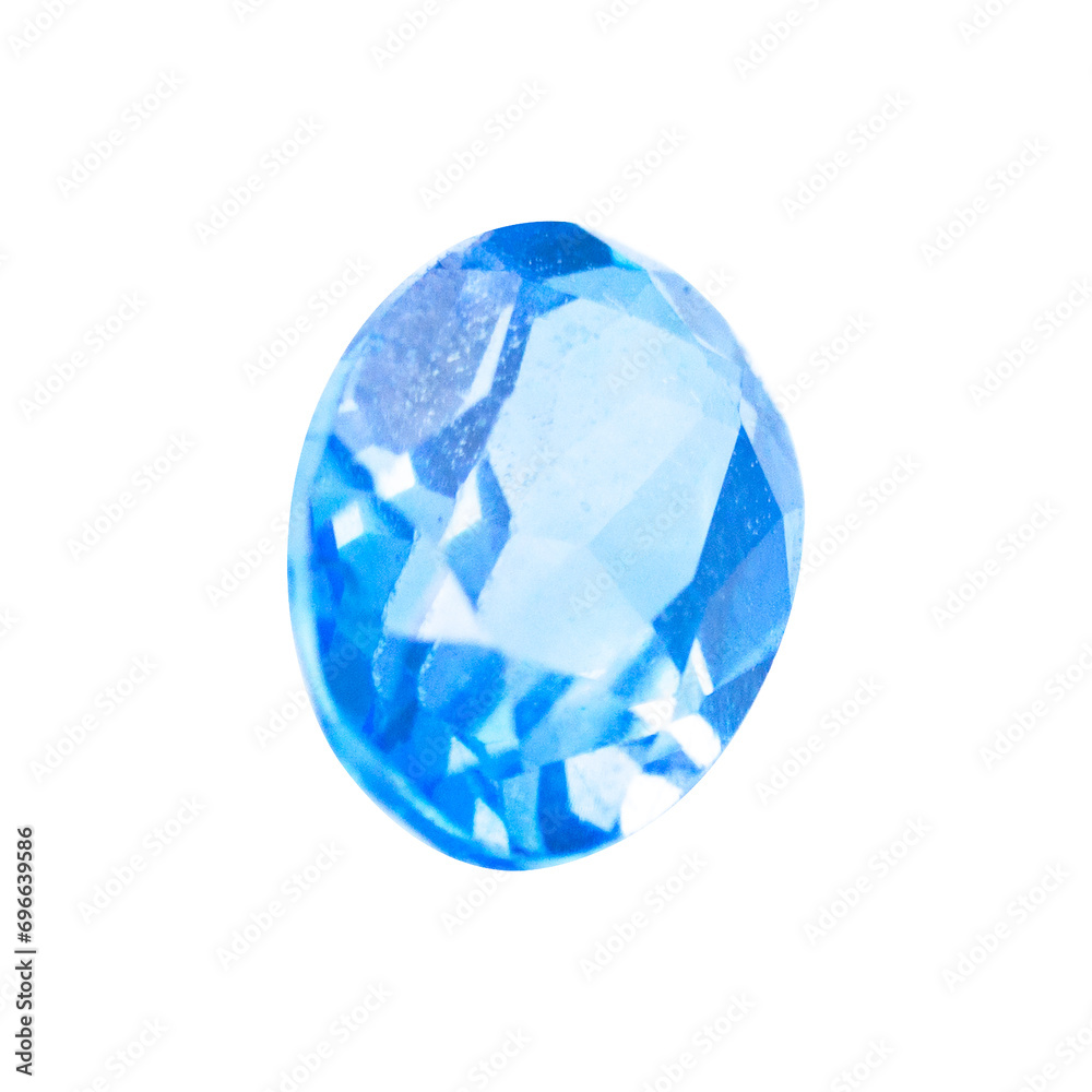 The natural blue topaz gemstone with I quality and oval shape, front side shot on a white background. The natural blue topaz gemstone with I quality and oval shape, front side shot on a white background.