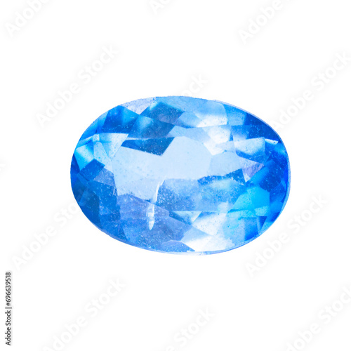 The natural blue topaz gemstone with I quality and oval shape, front side shot on a white background. photo