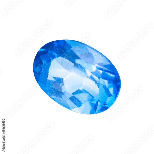 The natural blue topaz gemstone with I quality and oval shape, front side shot on a white background.