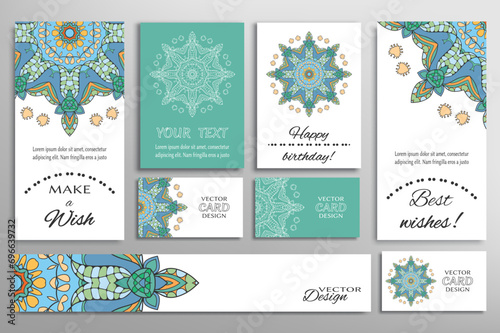 Big set of greeting Cards or wedding Invitations. Postcards template with inscription Make a Wish, Best Wishes, Happy Birthday. Banner, business cards with mandala ornament. Isolated design elements