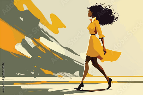 Young woman in yellow dress walking alone on the street, vector illustration generated by AI