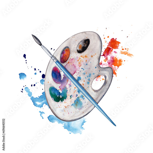 Artistic palette, brush with colorful paint splatter background. Watercolor illustration isolated on transparent background. Art World Day collection for art classes, stores, flyers, ads, web designs