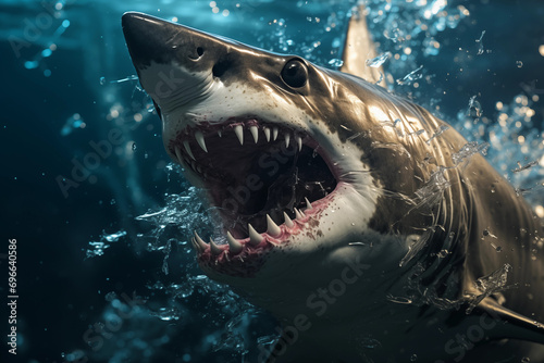 Tubarão feroz no meio do oceano escuro - Papel de parede photo