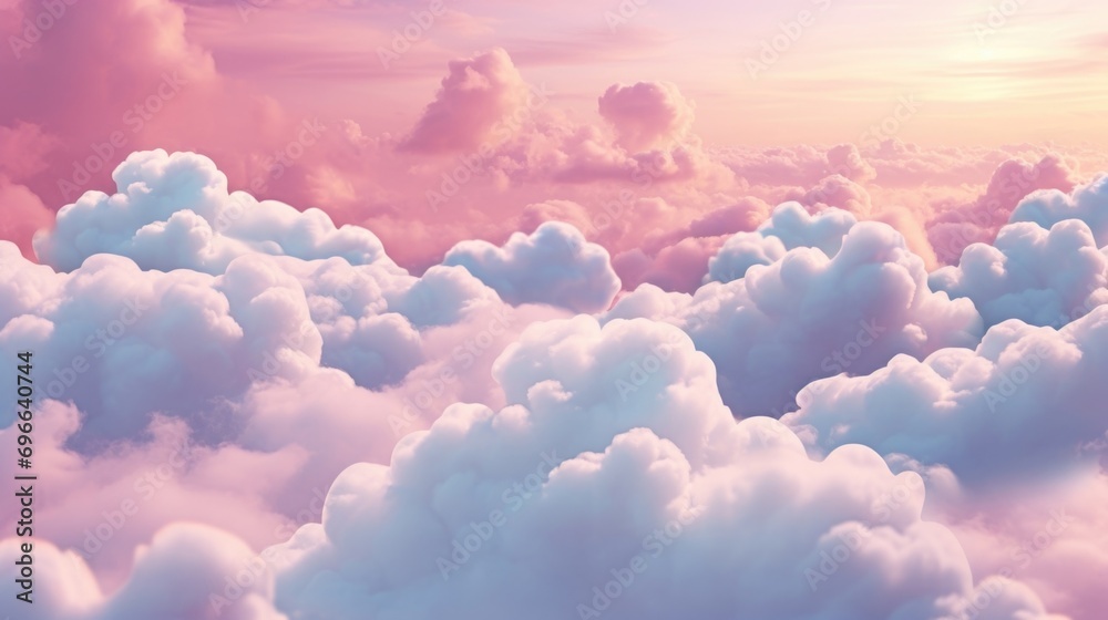 The sky becomes a canvas for love to be expressed, as fluffy clouds transform into delicate hearts, creating a magical and romantic atmosphere. - obrazy, fototapety, plakaty 