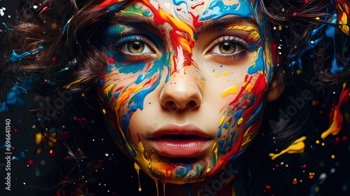 The abstract portrait of a girl consisting of multi colored drops of paint