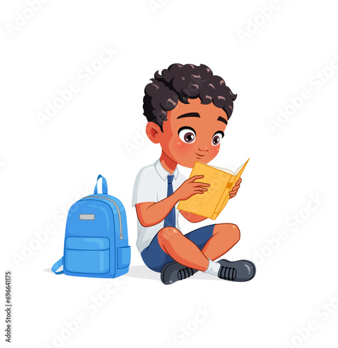 Cute Indian school boy in reading book sitting on the floor. Cartoon vector illustration.