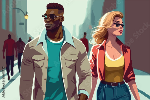 Beautiful young interracial couple walking on the street, vector illustration generated by AI