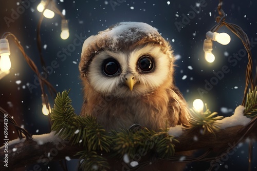 Very cute little owlet close up, christmas, snow, moon stars, garland, tree with generative ai © ImronDesign