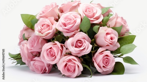 Bouquet of fresh pink roses on white background. Floral arrangement.