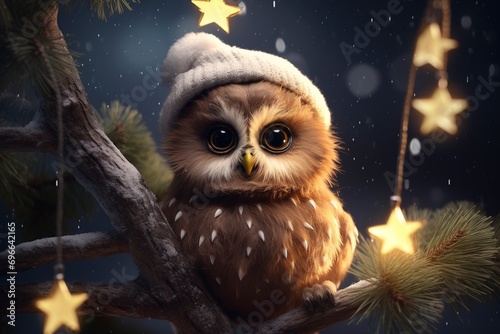 Very cute little owlet close up, christmas, snow, moon stars, garland, tree with generative ai