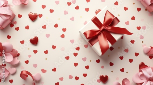 Elegant gift box surrounded by hearts on festive background. Valentine's Day celebration. © Postproduction
