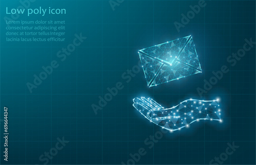 Vector illustration of mail on hand. Email icon. Receiving messages. Mail icon on a dark blue background.