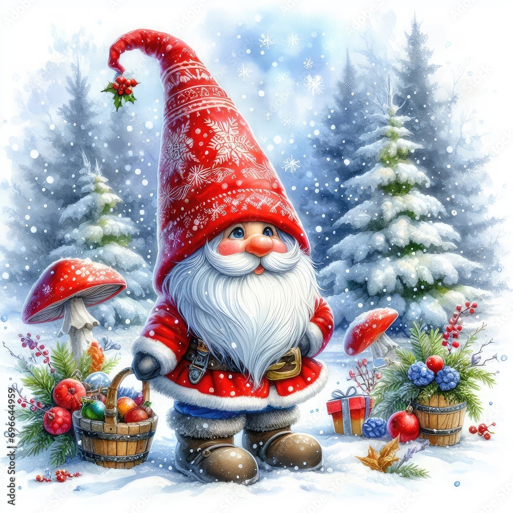  It depicts a festive and merry Christmas scene with Santa Claus, gifts, and a beautifully decorated Christmas tree, all set in a winter won
