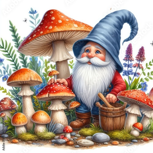 Santa's Merry Mushroom Gathering with a Jolly Gnome and Cartoon Cat