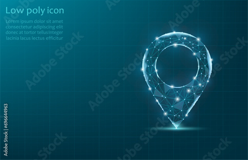 Vector illustration of a label for a map, made up of a technological grid and dots.Navigator pin checking map. Map location, vector icon on dark blue background.