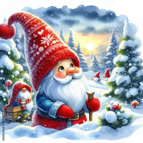 Santa Claus smiles with a snowman beside a Christmas tree in a snowy winter scene