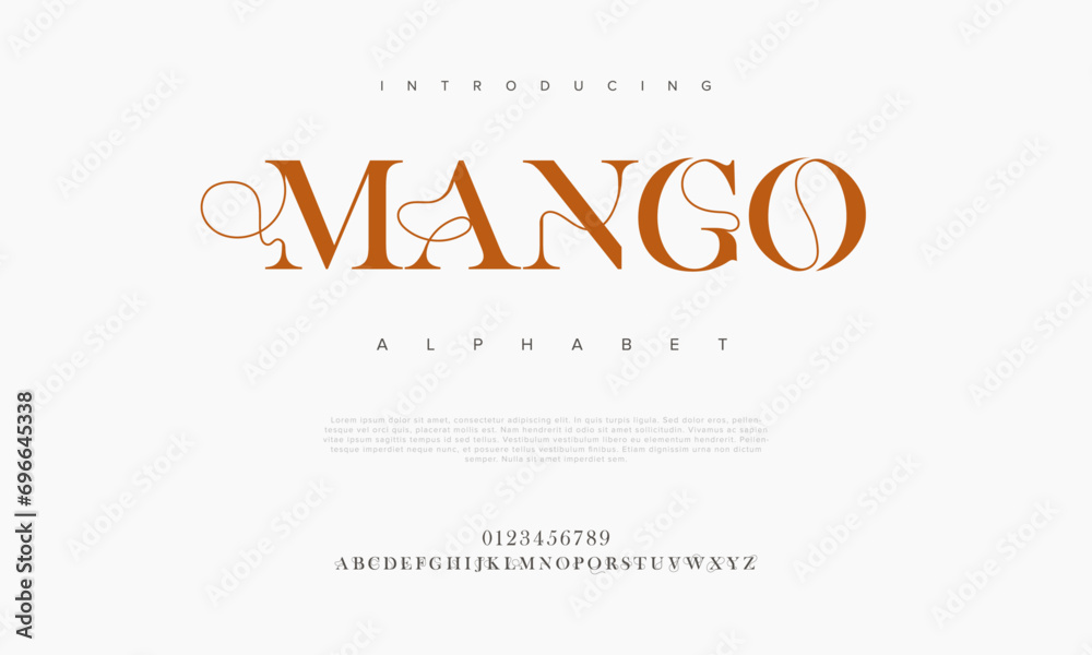 Mango premium luxury elegant alphabet letters and numbers. Elegant wedding typography classic serif font decorative vintage retro. Creative vector illustration Mango premium luxury elegant alphabet letters and numbers. Elegant wedding typography classic serif font decorative vintage retro. Creative vector illustration