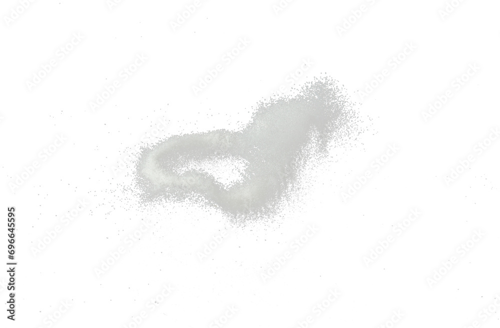White Sand flying explosion, particle dot grain wave explode. Abstract cloud fly. White colored sand splash throwing in Air. Black background Isolated, circle 0 number
