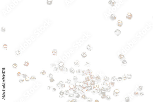 Fashion Silver gold bead cube with beautiful work detail is value. Luxury silver copper metal bead sequin is fashion trend and fly in air. Black background isolated selective focus blur photo