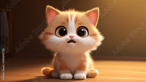3d rendering of a cute cat on with big eyes sitting the floor home, Generate AI