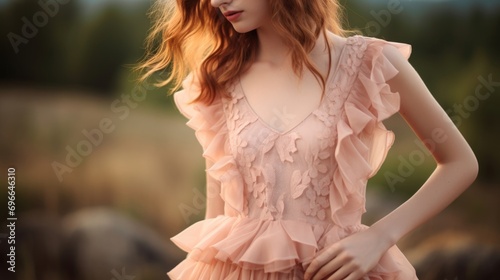 Foto Closeup of a lightweight Peach Fuzz s with cascading ruffles and a crochet lace bodice, ideal for a breezy summer day