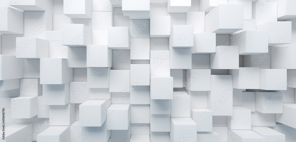 An engaging background wallpaper adorned with randomly shifted white cube boxes, forming an intriguing pattern and providing a sizable area for copy placement. - obrazy, fototapety, plakaty 