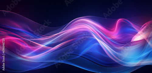 Abstract liquid waves interweaving blue & purple in a futuristic banner, shimmering with retro glowing waves.