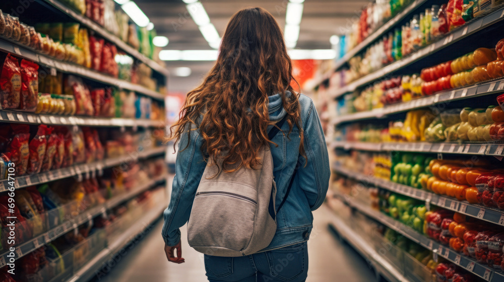 a young girl with a backpack in a supermarket, chooses an assortment of food in the store.