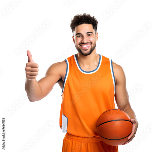 Happy basketball player doing thumbs up and smiling at camera while holding ball. Posing over white transparent background © LorenaPh