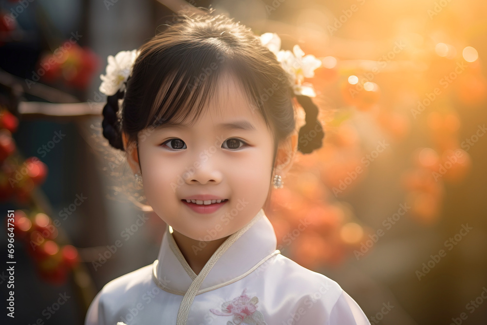 Chinese little girl wearing traditional Chinese costume. Headshot outdoors portrait Chinese little girl wearing traditional Chinese costume. Headshot outdoors portrait