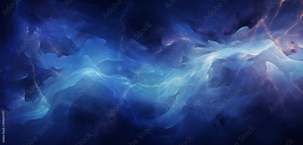 Dark blue canvas adorned with radiant glow particles, crafting an immersive and visually captivating abstract background with an ethereal luminosity. - obrazy, fototapety, plakaty 