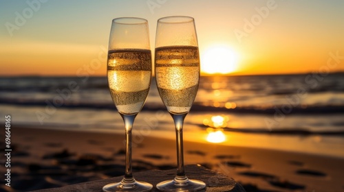 As the sun dips behind the horizon, the champagne glasses sit elegantly on the beach, a symbol of romance and relaxation.