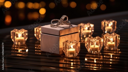 A row of flickering candles leads up to a perfectly p ring box, setting the stage for a heartfelt proposal in a candlelit setting.