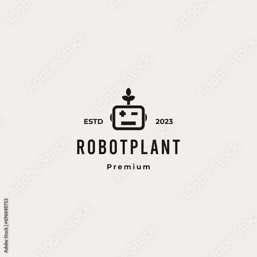 nature robot logo design, robot head combine with leaf logo design retro hipster vintage